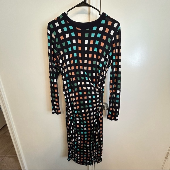 Boss Hugo Boss Esetta Ruched Dress Small Geometric Square Print Midi Long Sleeve - Picture 4 of 12